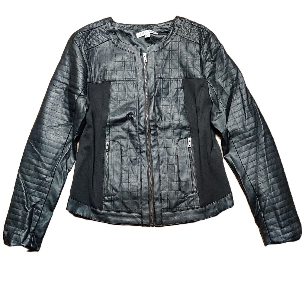 Larry Levine Womens M Black Faux Leather Quilted Moto Jacket Mixed Media Zip